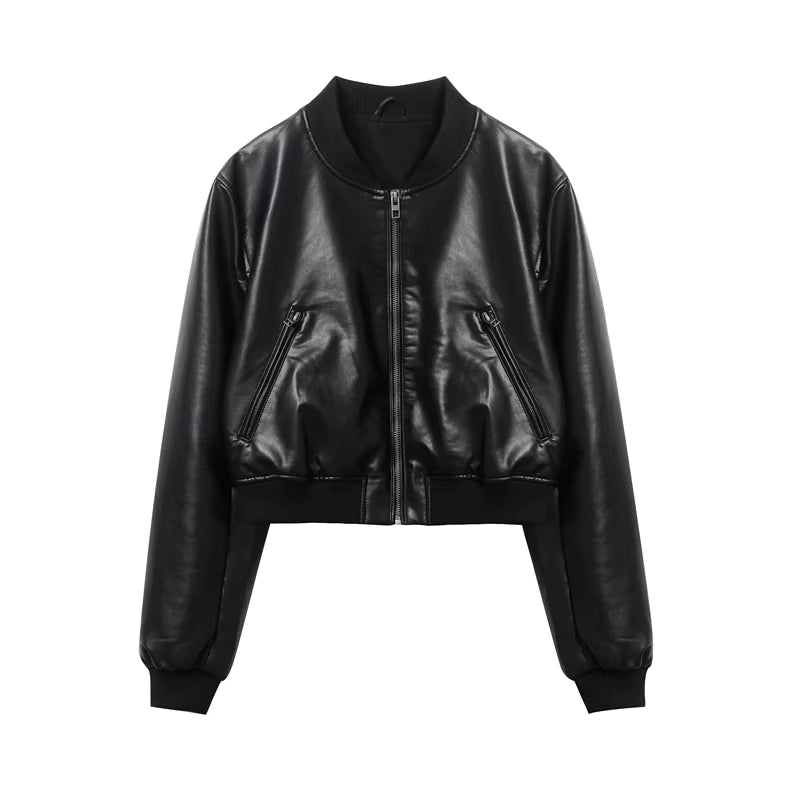 Women'S 2023 New Vintage Imitation Leather Bomber Jacket Coat Top Women'S Style