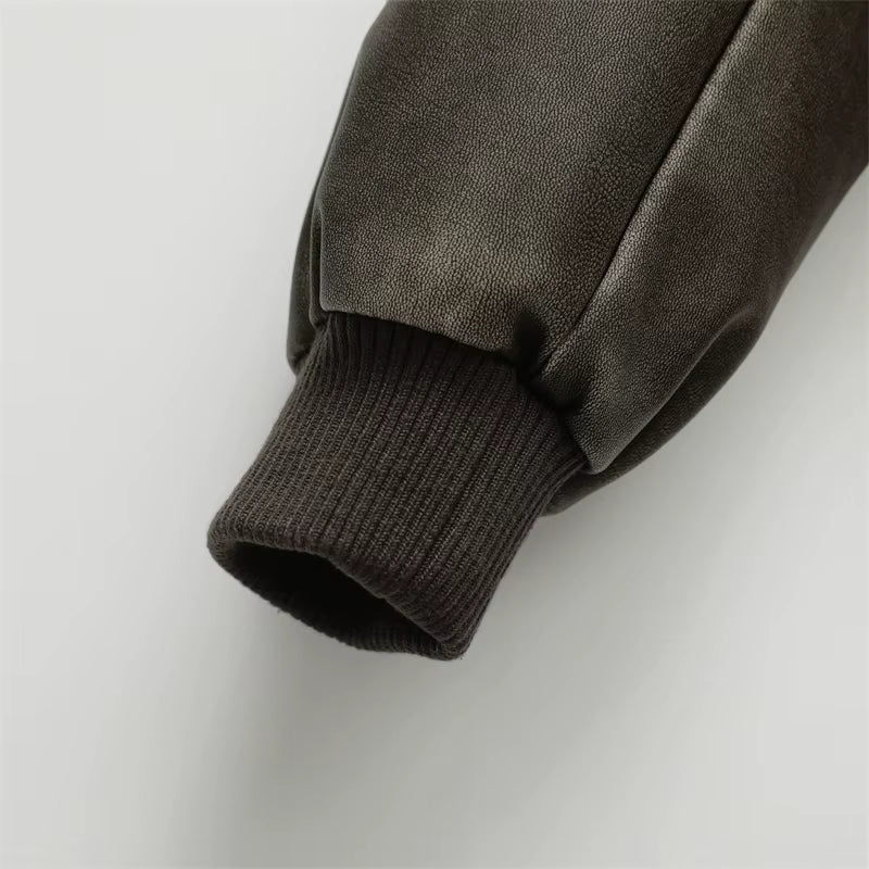 Women'S 2023 New Vintage Imitation Leather Bomber Jacket Coat Top Women'S Style