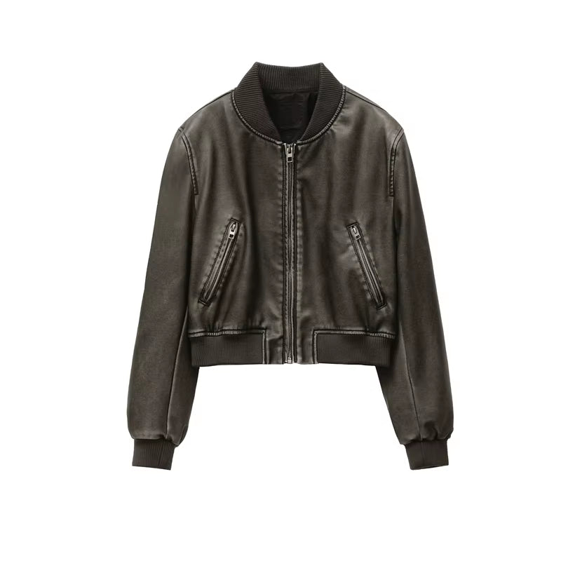 Women'S 2023 New Vintage Imitation Leather Bomber Jacket Coat Top Women'S Style